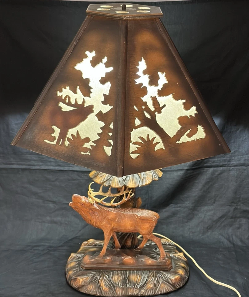 ANTIQUE GERMAN WOOD CARVED ELK TABLE LAMP WITH ORIGINAL SHADE BY RHON SEPP - Image 3 of 4