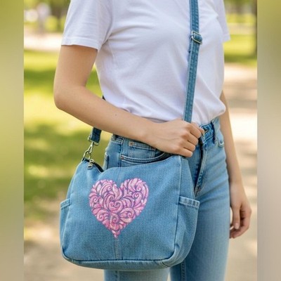 Custom Denim Crossbody Bag with Pink Hand Painted Heart Design
