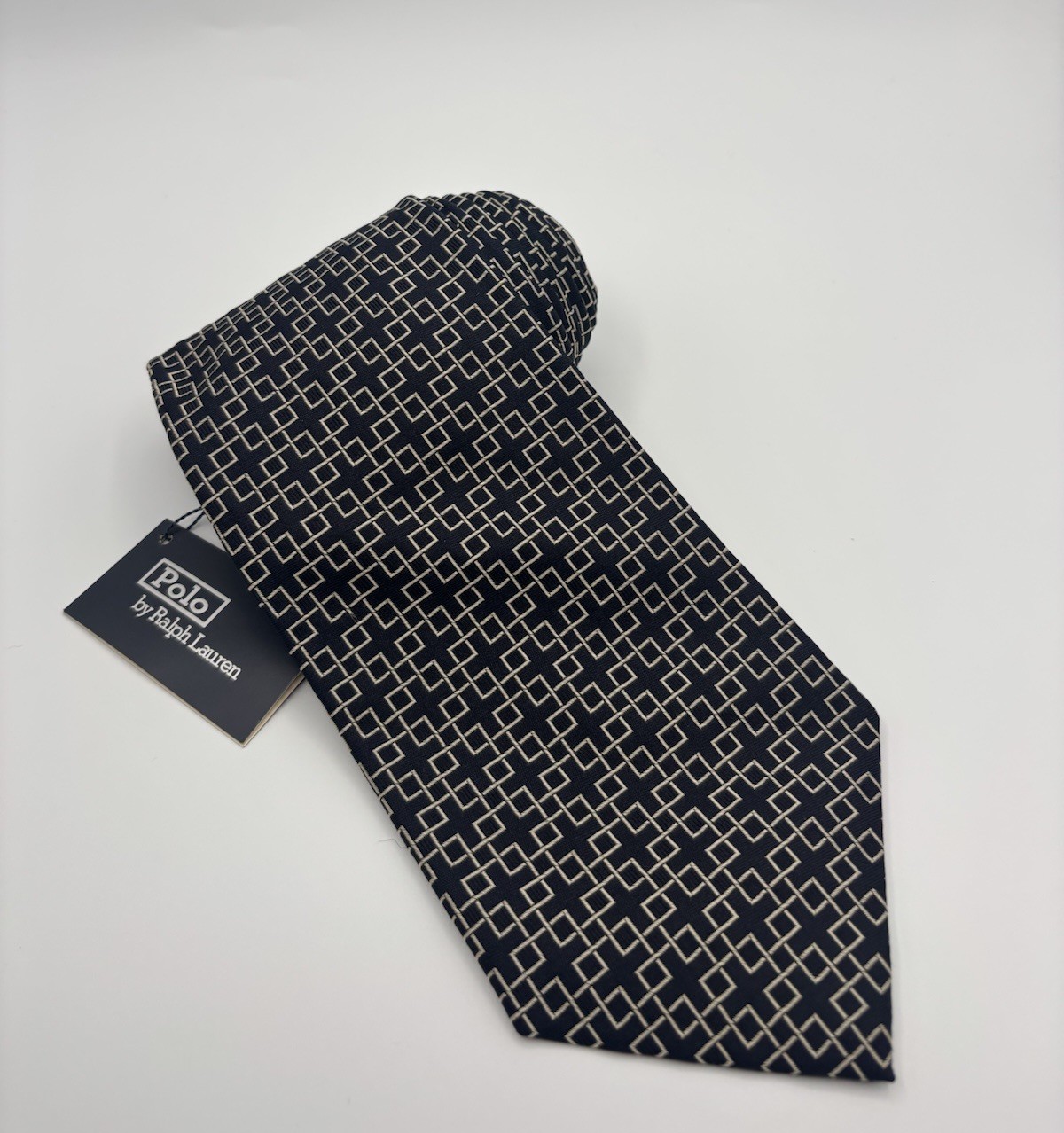 Vintage Polo Ralph Lauren NWT Silk Tie Black Cream Geometric Made By Hand 57” 4”