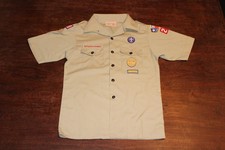 Boy Scouts of America BSA Youth Shirt Tan Large Sewn Patches Short Sleeve