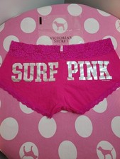 VTG VS PINK Lace Trim Cotton Foil Logo Low Rise Boyshort Panty Size Lg Pink