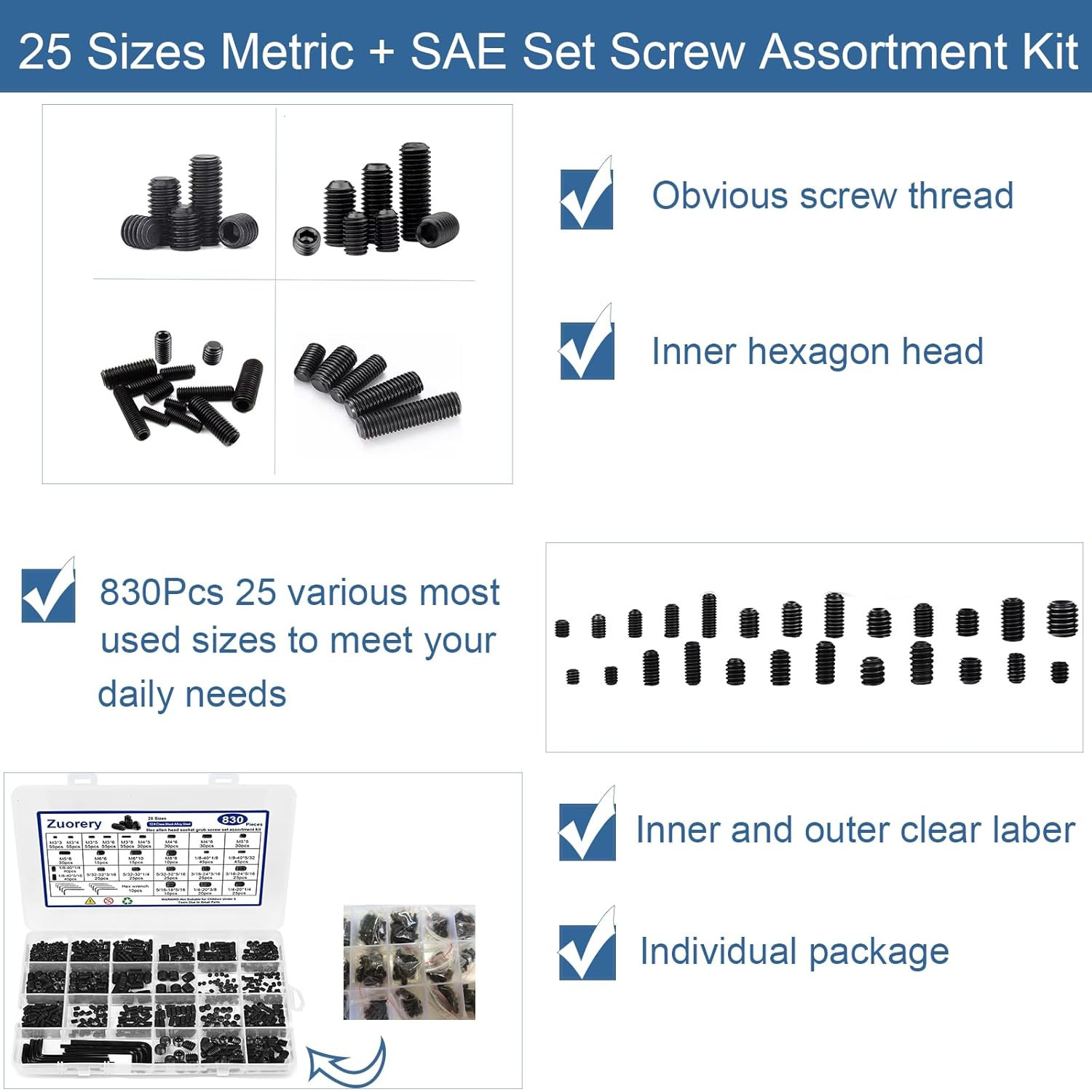 830Pcs 25 Sizes Metric + SAE Set Screw Assortment Kit, Internal Hex Drive Cup-Po