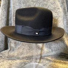 Western Express Black Wool Felt Fedora Hat Mens SMALL Dress Wide Brim Ribbon