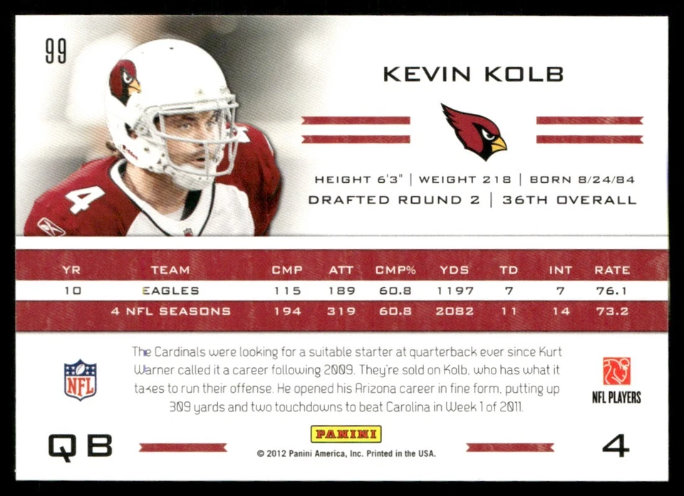 2011 Panini Totally Certified Kevin Kolb #99 *B* - Image 2 of 2