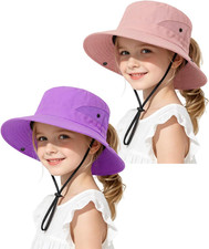 Kids Sun Hat Ponytail Girls UPF 50 Bucket Cap Summer Beach Fishing Kids Hat Wide