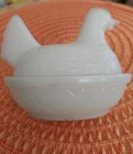 Vintage White Milk Glass Hen On A Nest Covered Trinket Dish Butter Hazel Atlas