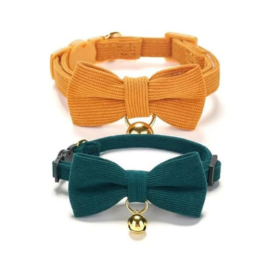 2 Pack Soft Corduroy Cat Collars with Bow Tie & Bell, Adjustable Breakaway Cotto