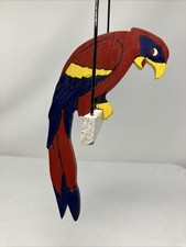Vintage Wood Hand painted carved Hanging Parrot Macaw On Perch Bird  Folk Art