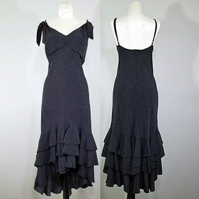 Vtg Benetton Italy High Low Dance Dress L Black White Pin Dot Ruffle Tiered Hem