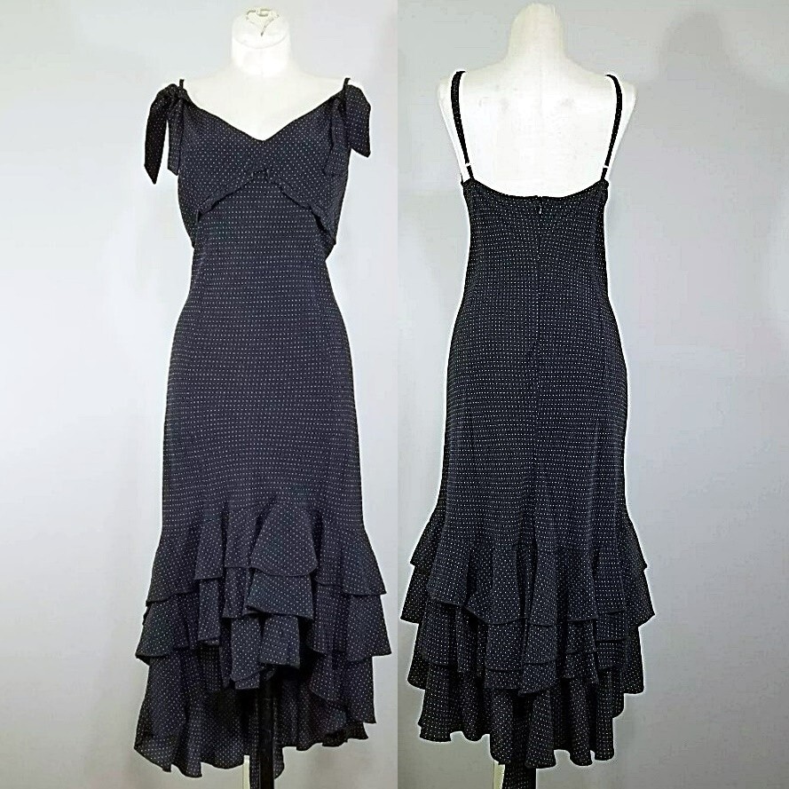 Vestido de Baile De Colección Benetton Italia Alto Bajo L Negro Blanco Punto de Prendedor Volantes Dobladillo en Niveles