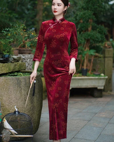 Mujeres Otoño Invierno Terciopelo Qipao Vestido Chino Largo Cheongsam Noche Fiesta Vestido - Imagen 7 de 17
