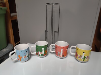 Lets Dine Stoneware Ceramic 4 Mugs with Standing Metal Rack Set, Llamas