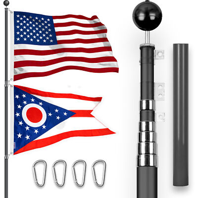 20 Ft Telescoping Flagpole Black & American and Ohio Flags Spun 3x5 Ft