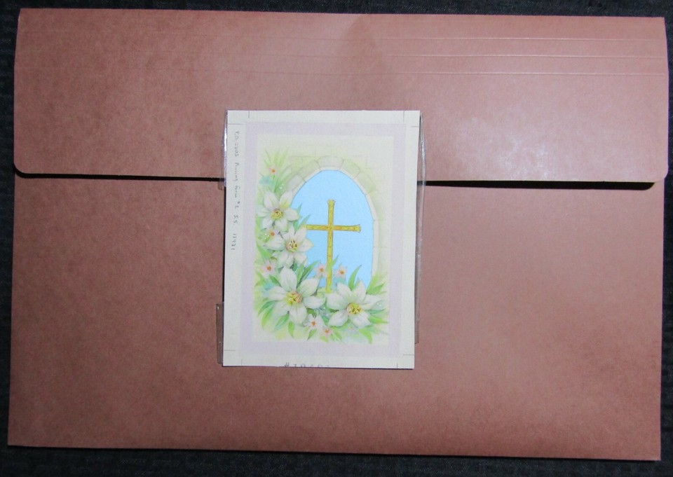 EASTER Gold Cross Under Arch w/ White Flowers 5.25x7  Greeting Card Art #2803 Comic Art
