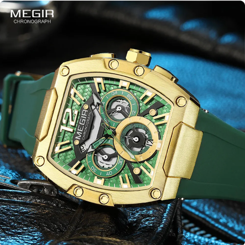 MEGIR Fashion Sport Quartz Watch for Men Waterproof Golden Green Silicone Strap - Picture 2 of 7