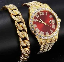 Watch Hip Hop Simulated Diamond Luxury Stainless Steel & Iced Cuban Bracelet set