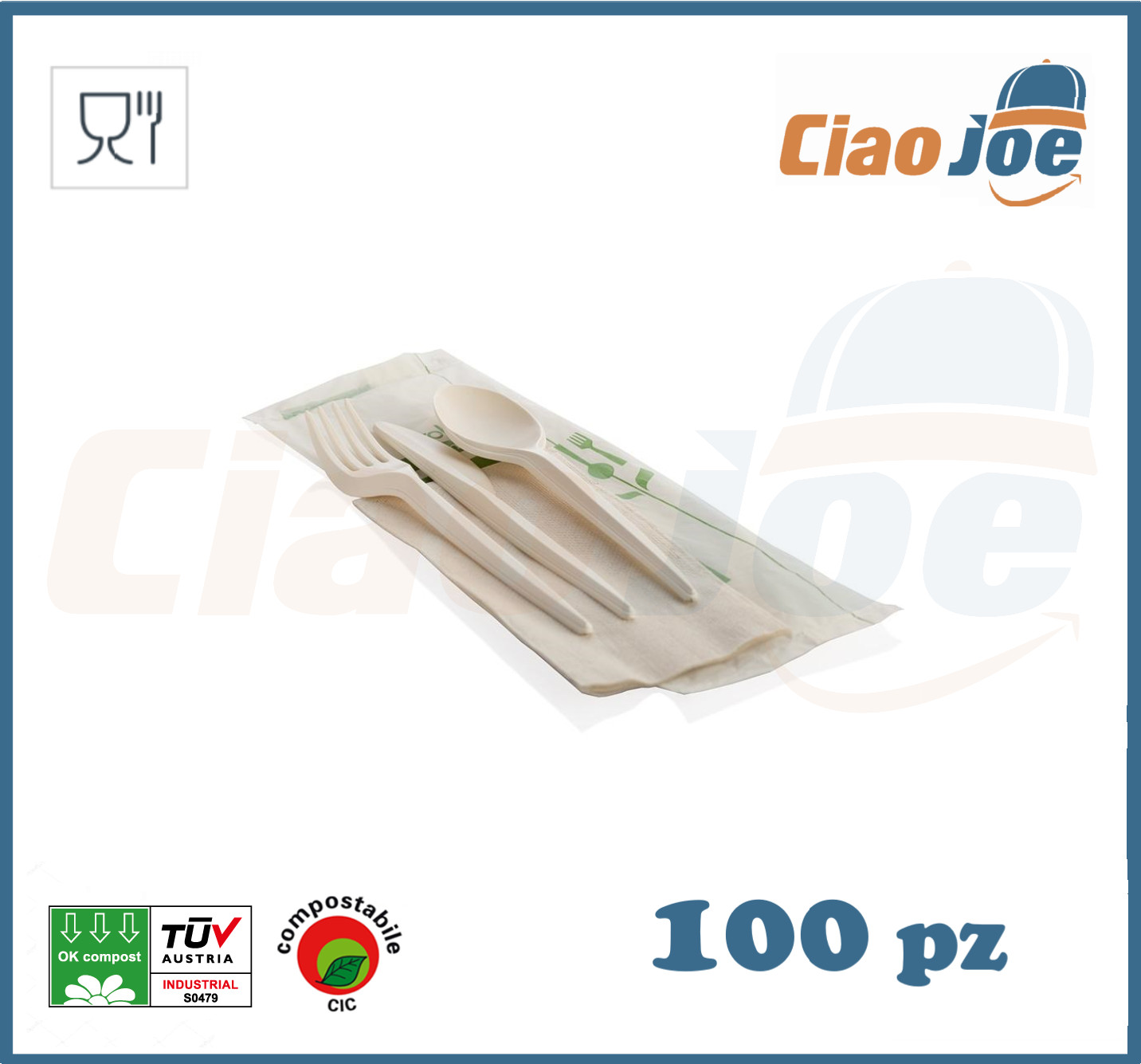 100 TRIS BIS Cubiertos Desechable Bio Compost Tenedor+Cuchillo+Cuchara+Toalla