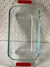 Pyrex Loaf Pan Baking Dish #2213 Clear Glass Corning  With Red Grips 8.5”x4.5”