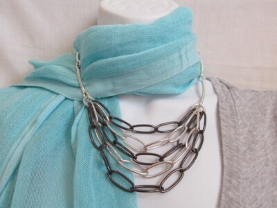 Vintage Silver Tone & Black Paper Clip Layer Bar Necklace Adjustable Length