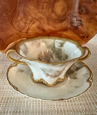 Rare Antique Haviland Feu de Four Scalloped Bouillon Cup & Saucer