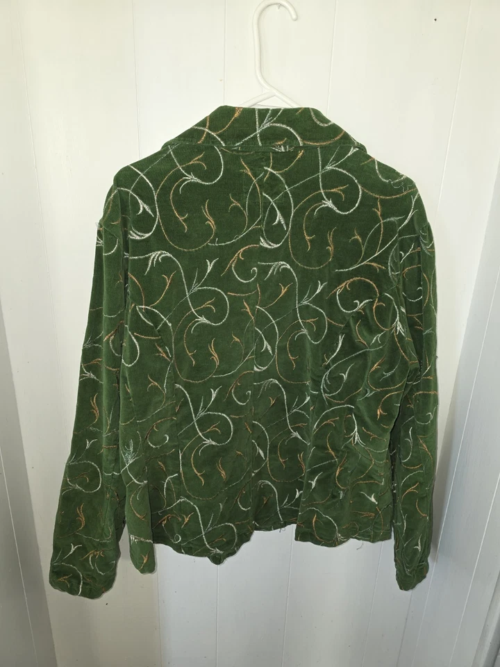 Chaqueta de pana para mujer Live a Little usada en excelente estado verde con bordado dorado retro Foto 3 de 4