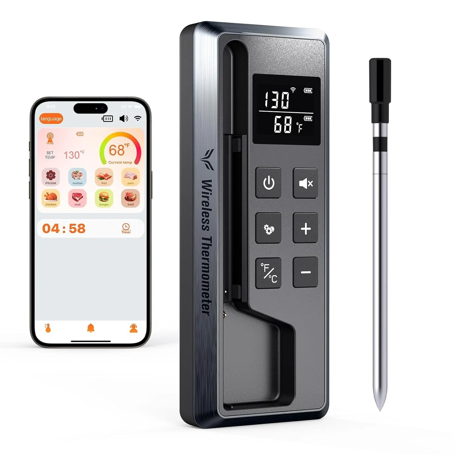 Meat Thermometer Digital Wireless, 800FT Long Range Remote Monitoring mobile app