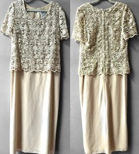 R  M RICHARDS MOTHER of BRIDE/GROOM BEIGE CROCHET OVERLAY DRESS SIZE 14