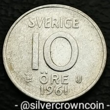 Sweden 🇸🇪 10 Ore 1961 TS. KM#823. Silver Dime. Ten Cents coin. King Gustaf Vl.
