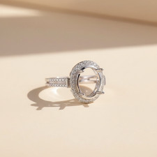 925 Sterling Silver 10x12mm Oval Semi Mount Blank Ring-CZ Halo Double Band Ring