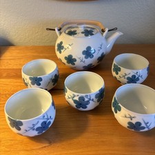 Vintage Porcelain Japanese Tea Set 5 Cups Tea Pot Blue Flowers