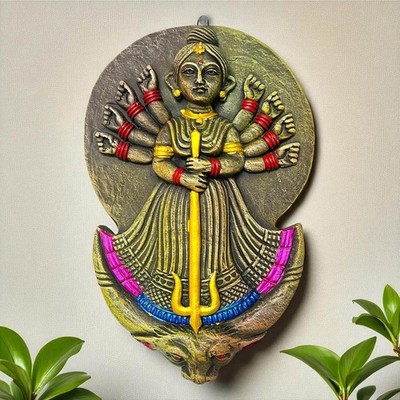 Wall Hanging Maa Durga Mahisasur Statue Handmade Terracotta Clay Figurine