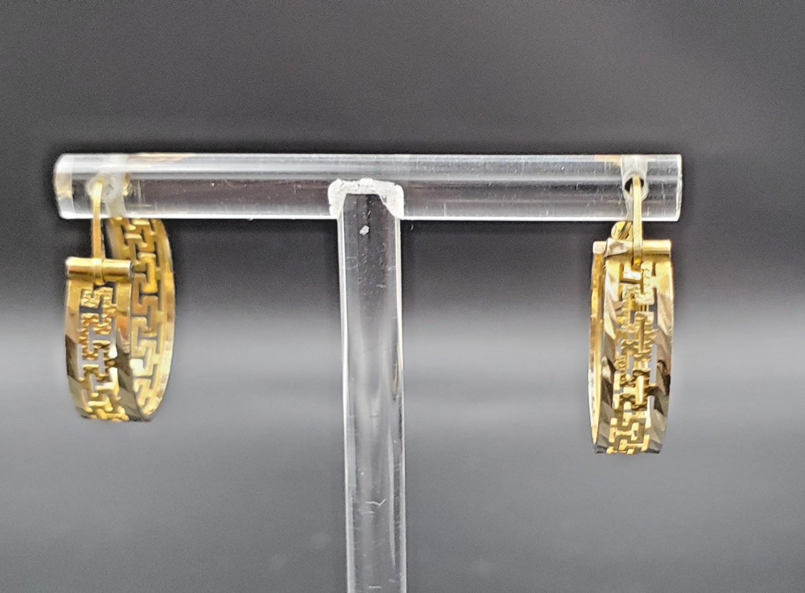 Hoop Earrings Solid 14K Yellow Gold, Greek Key Design-image
