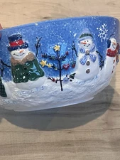 St Nicholas  Square Button Up Large 10” x 5” Snowman Christmas Bowl Holiday Blue