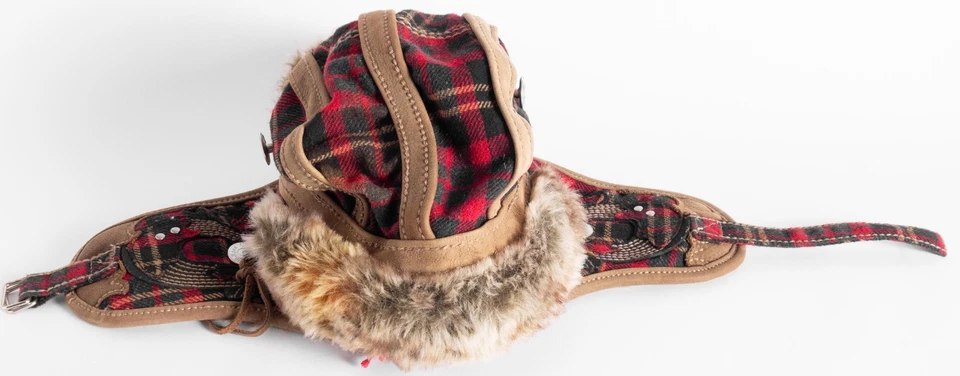 Sombrero de trampero True Religion para hombre L/XL rojo a cuadros piel sintética barbijo broches de presión forrados Foto 3 de 4
