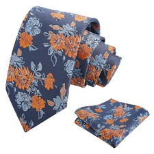 Mens 3.15inches Leaf Flower Pattern Tie with Floral Pocket 915-navy orange