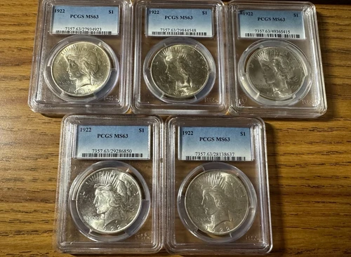 1922-P $1 Peace Silver Dollar PCGS MS 63 LOT OF 5 COINS