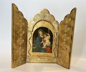 Florentine Triptych Featuring Reproduction Raphael’s Madonna & Child Gold Wood
