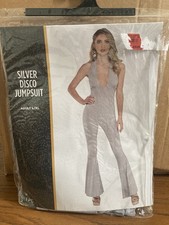 Adult Halloween Costume Womens Disco Ball Jumpsuit - Silver size L/XL