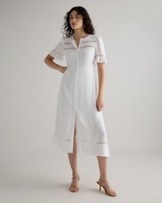 Quince Lightweight Crepe Lace Inset Midi Dress Ivory Basic Sleeved M