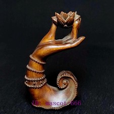 3" Old Chinese Boxwood Hand Carved Lotus Buddha's Hand Statue Table Decoration