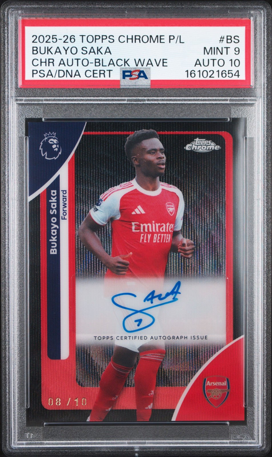 TOPPS CHROME PREMIER LEAGUE CHROME AUTOS #BS BUKAYO SAKA 8/10 PSA 9 AUTO 10