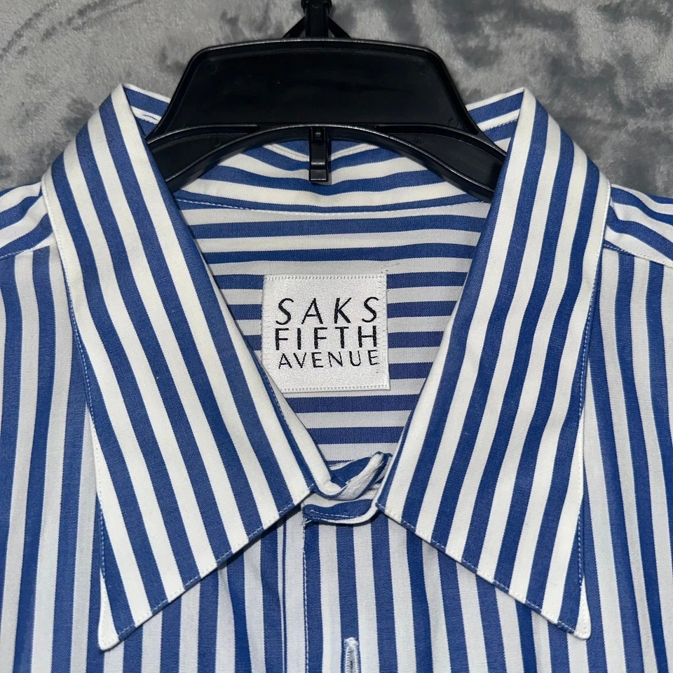 Saks Fifth Avenue Men's Pinstripe Button Down Dress Shirt Size Large Blue White - Image 4 of 4
