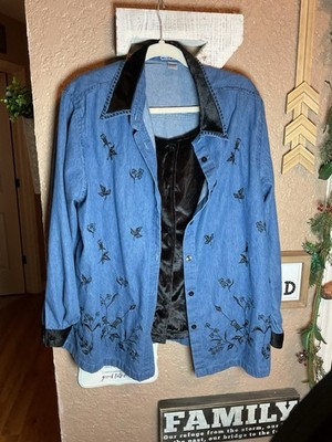Vintage Cloud Z Denim Layered Top Black Velour Embroidered Florals Women s 14/16