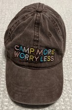 Camp More Worry Less Strapback Hat Cap Adult Brown Distressed Stitch Cotton Nice