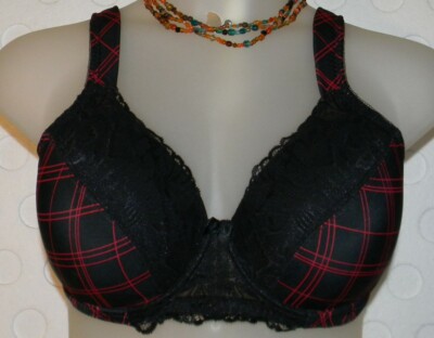 BPC FIDO25286 Lace Trim Minimizer Bra Black / Red Plaid 42DD **