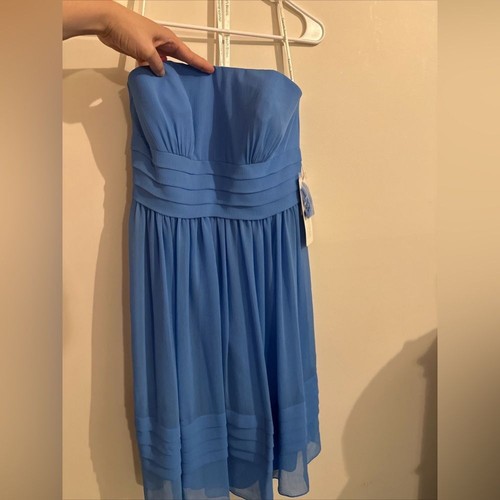 Abito senza spalline David's Bridal blu fiordaliso in chiffon taglia 8 nuovo con etichetta - Foto 2 di 7