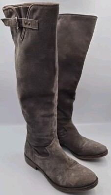 Fru.it Italian Suede Leather Olive Green Grey Knee High Buckle Zip Boots Size 36