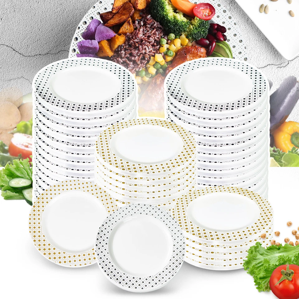 Platos de plástico desechables platos de cena de alta resistencia con borde dorado/plateado sin BPA Foto 2 de 4
