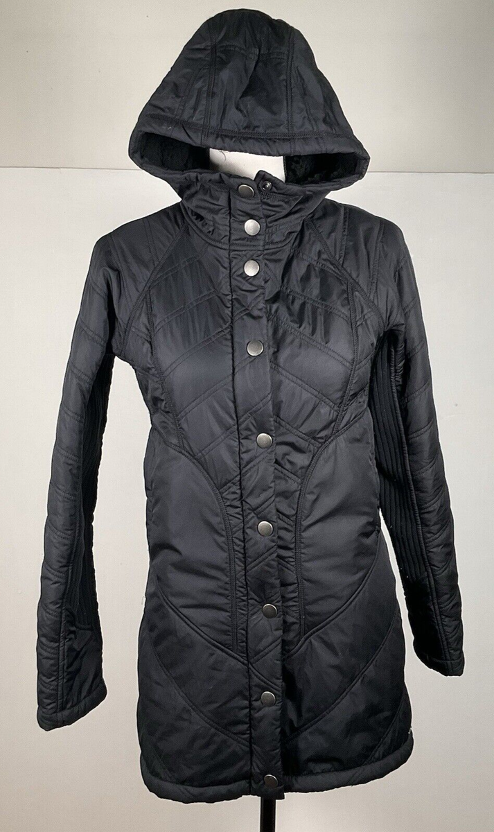 Prana Coat Womens XS Black HOODED SHERPA LINED Mixed Media Long Jacket LOGO