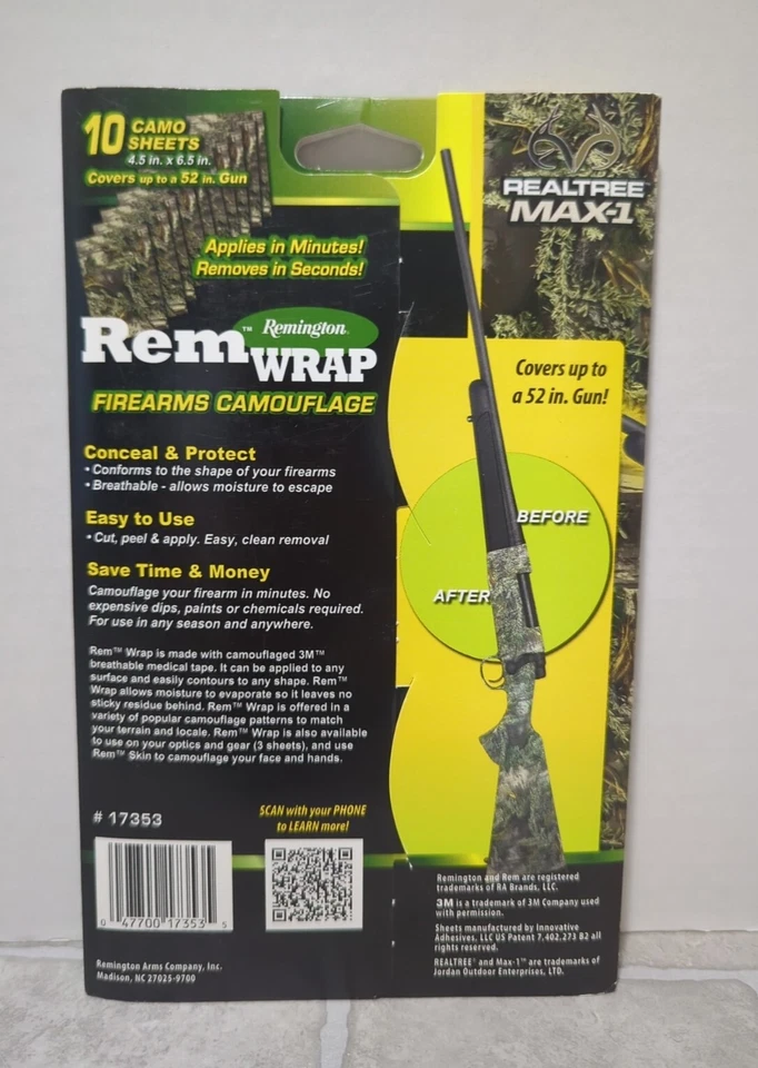 Remington Rem Wrap Real Tree Max 1 Firearms Camouflage 10 Sheets Model 17353 - Image 2 of 2